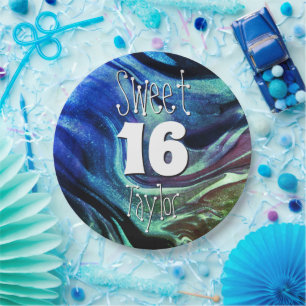 Plato De Papel Dulces 16 Mármol Verde y Azul Personalizado