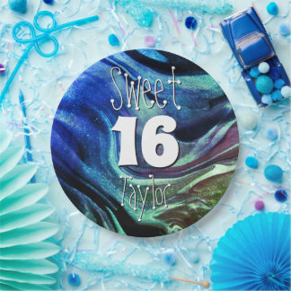 Plato De Papel Dulces 16 Mármol Verde y Azul Personalizado