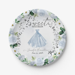 Plato De Papel Dulces 16 vestido floral azul rosa