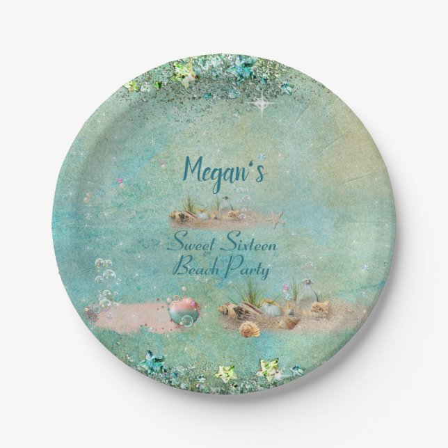 Plato De Papel Dulces Dieciséis Playa Conchas Tropicales y Perlas (Anverso)