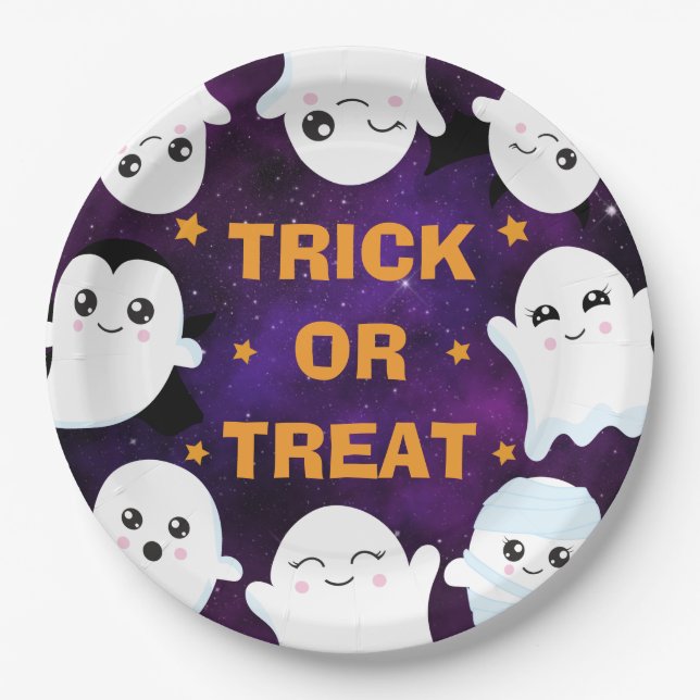 Plato De Papel Dulces fantasmas de Halloween para pedir dulces (Anverso)