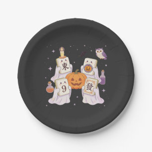 Plato De Papel Dulces fantasmas de Mahjong sosteniendo baldosas e