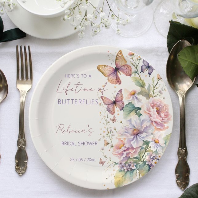 Plato De Papel Duración de la ducha con flores de mariposas (Here's to a Lifetime of Butterflies floral spring summer bridal shower template Paper Plates)