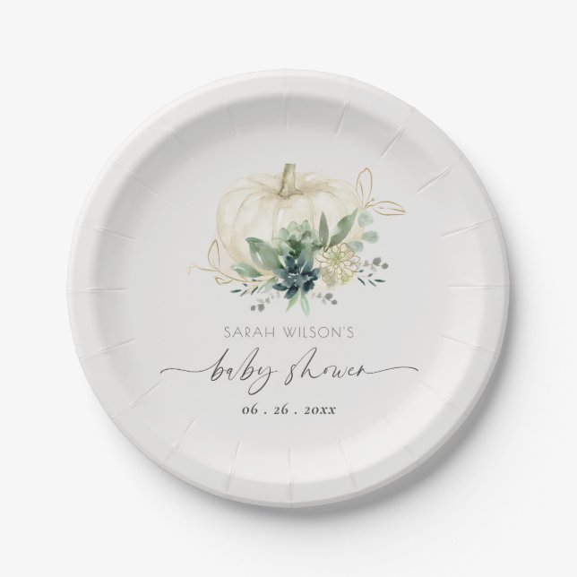 Plato De Papel Dusky Blue Green Succulum Pumpkin Baby Shower (Anverso)