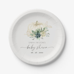 Plato De Papel Dusky Blue Verde Suculento Pumpkin Baby Shower