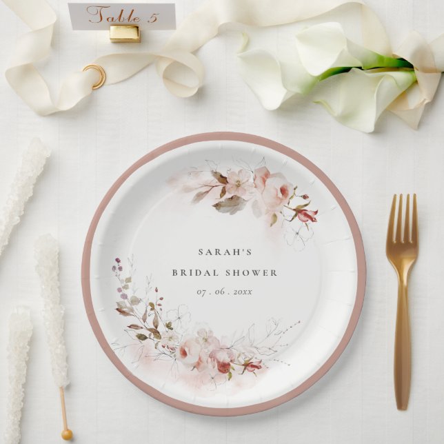 Plato De Papel Dusky Fall Marsala Rubor Floral Bridal Shower (Boda)