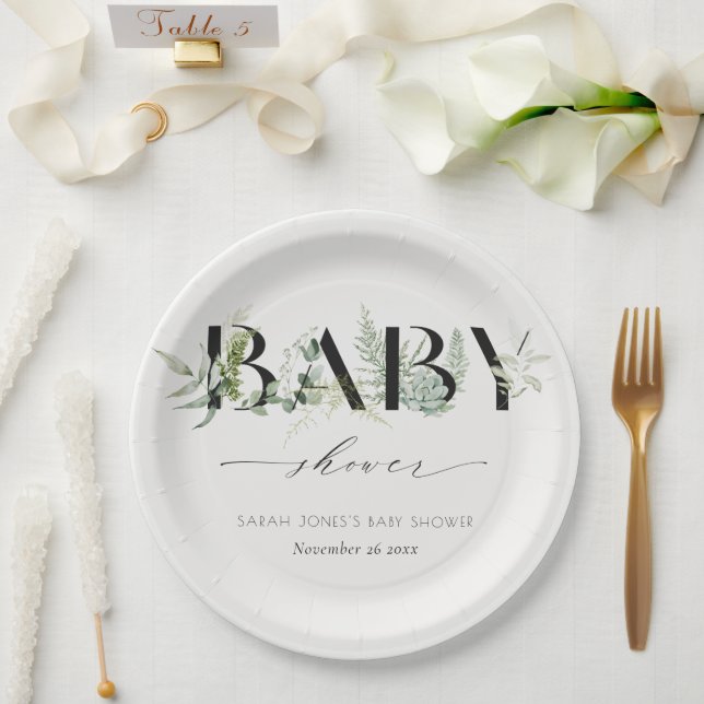 Plato De Papel Dusky Leafy Fern Succulent Script Baby Shower (Boda)