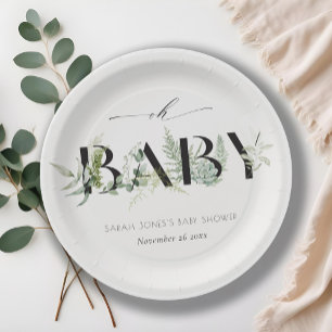 Plato De Papel Dusky Leafy Fern Suculento Guión Oh Baby Shower