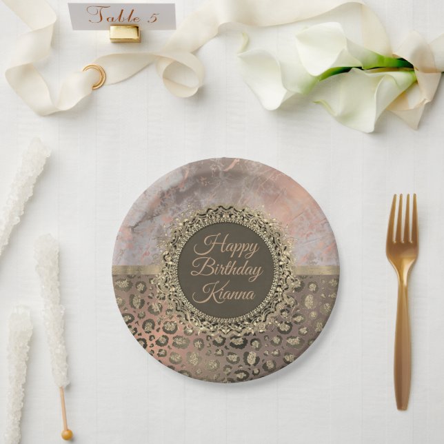 Plato De Papel Dusky Rosa Marble Purpurinoso Leopardo Cumpleaños (Boda)