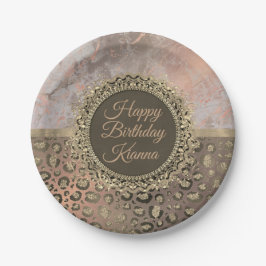 Plato De Papel Dusky Rosa Marble Purpurinoso Leopardo Cumpleaños