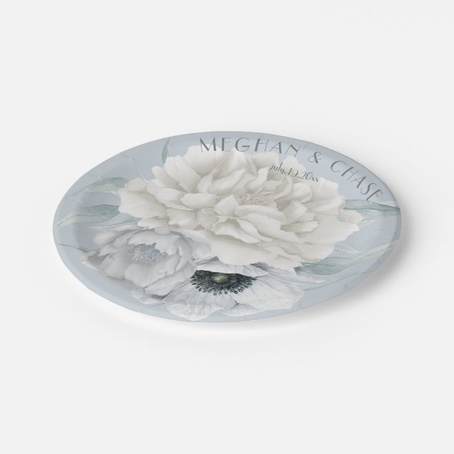 Plato De Papel Duste Blue Anemone Cream Peony Floral (Angular)