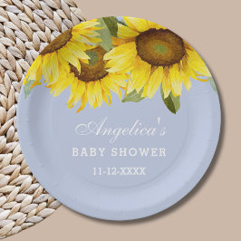 Plato De Papel Duste Blue Boho Floral Sunflower Baby Shower