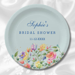 Plato De Papel Duste Blue Bright Floral Roses rosados Ducha de no