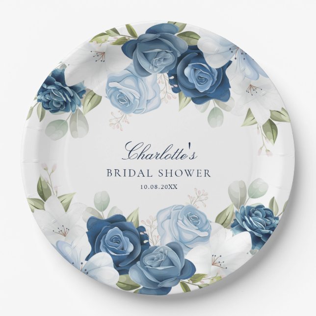 Plato De Papel Duste Blue Floral Bridal Shower (Anverso)