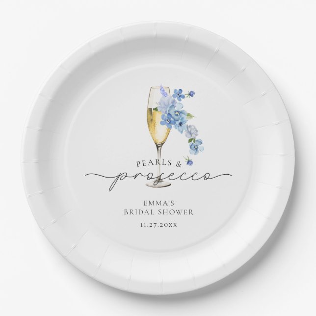 Plato De Papel Duste Blue Petals y Prosecco Bridal Shower (Anverso)
