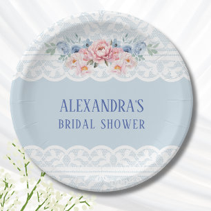 Plato De Papel Duste Blue Pink Floral Romántico Lace Brillante Du
