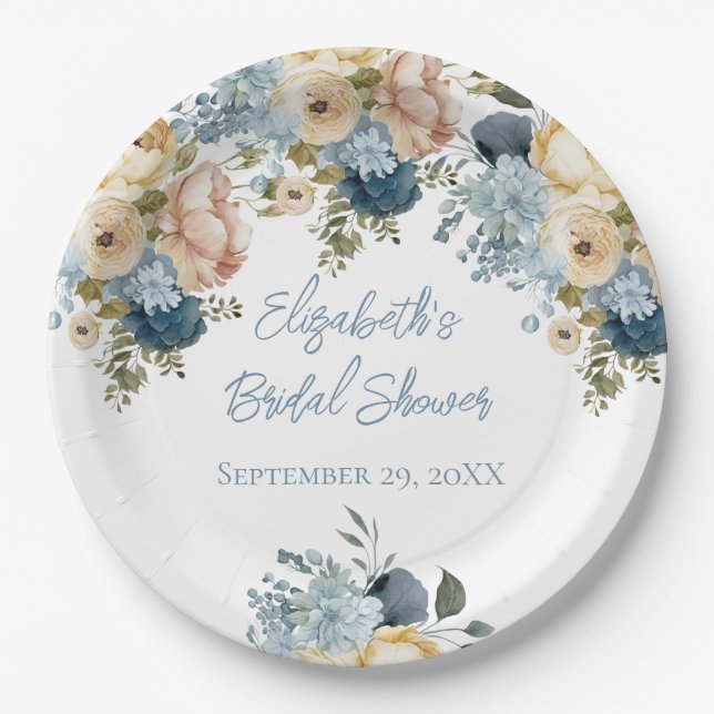 Plato De Papel Duste Blue Pink White Floral Bridal Shower (Anverso)
