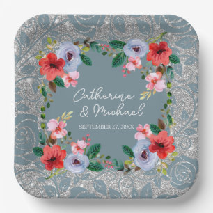 Plato De Papel Duste Blue Silver Purpurina Floral acuarela