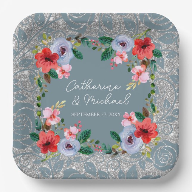 Plato De Papel Duste Blue Silver Purpurina Floral acuarela (Anverso)