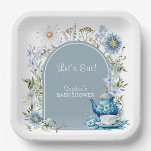 Plato De Papel Duste Blue Time para Tea Boho Garden Baby Shower