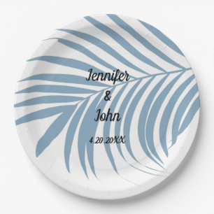Plato De Papel Duste Blue Tropical Palm Tree Leaf Cute Boda