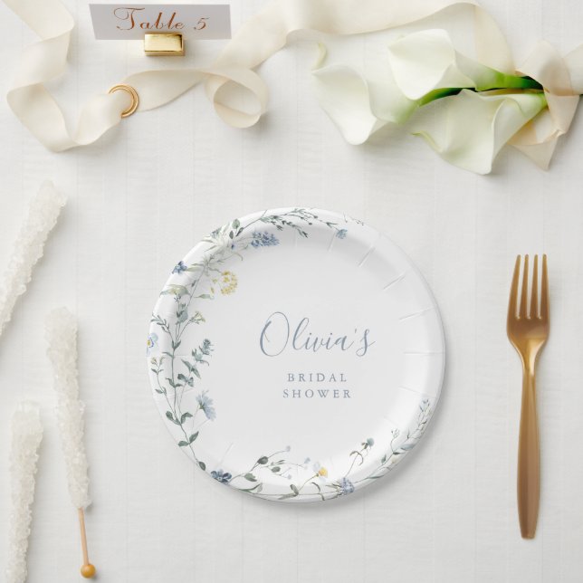 Plato De Papel Duste Blue Wildflower Rustic Boho Bridal Shower (Boda)