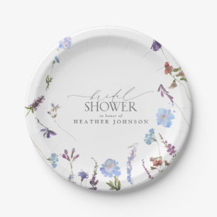Plato De Papel Duste Blue Wildflower Watercolor Ducha de novia