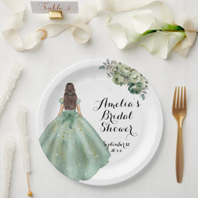 Plato De Papel Duste Green Gold Purpurina Vestido Bridal Shower (Boda)