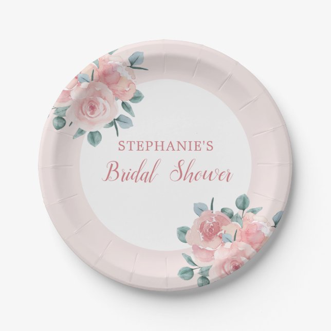 Plato De Papel Duste Rosa Eucalyptus Floral Elegante Ducha Bridal (Anverso)