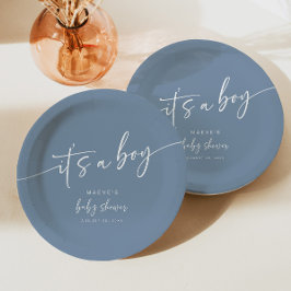 Plato De Papel Dusty Blue Baby Shower Paper Plate un niño moderno