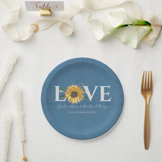 Plato De Papel Dusty Blue Barn Wood, Boda del girasol dorado (Boda)