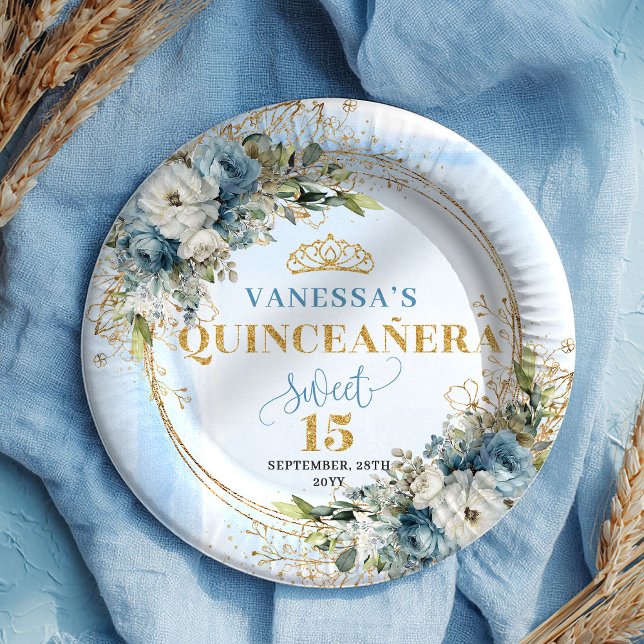 Plato De Papel Dusty Blue Boho Greenery Gold Glitter Quinceañera  (Dusty Blue Boho Greenery Gold Glitter Quinceañera Plates)