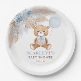 Plato De Papel Dusty Blue Boho Teddy Bear Baby Boy Shower