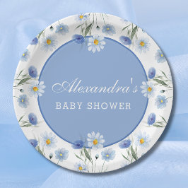Plato De Papel Dusty Blue Boho Wildflower Baby Shower