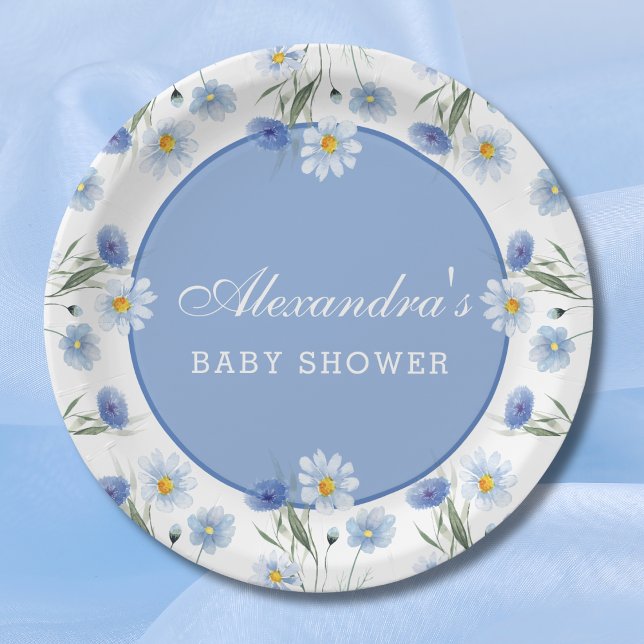 Plato De Papel Dusty Blue Boho Wildflower Baby Shower (Subido por el creador)