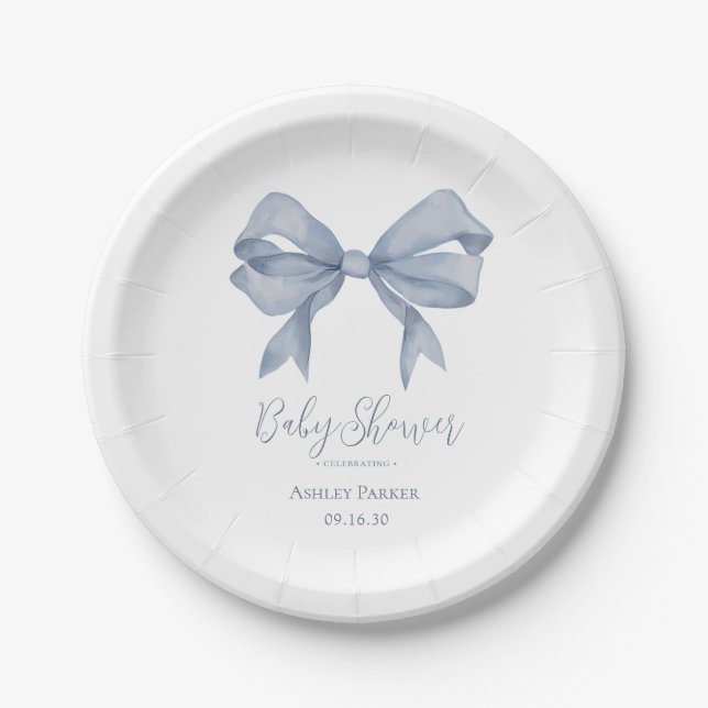 Plato De Papel Dusty Blue Bow Boy Baby Shower (Anverso)