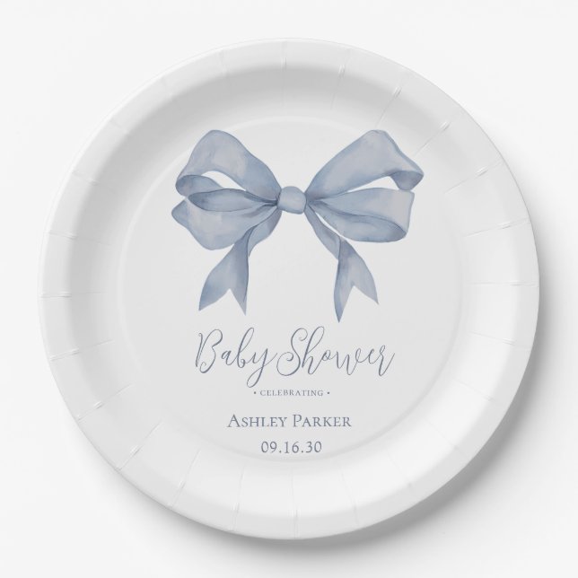 Plato De Papel Dusty Blue Bow Boy Baby Shower (Anverso)