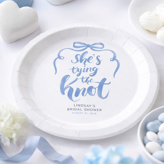 Plato De Papel Dusty Blue Bow Ella se Casa Fiesta de Despedida (Dusty Blue Bow Bridal Shower Paper Plates for Whimsical Celebration)