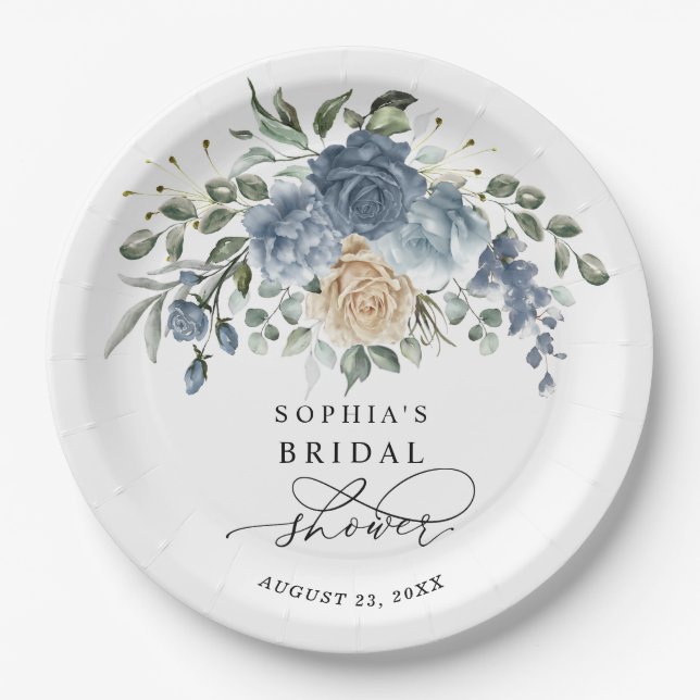 Plato De Papel Dusty Blue & Champagne Floral Bridal Shower (Anverso)
