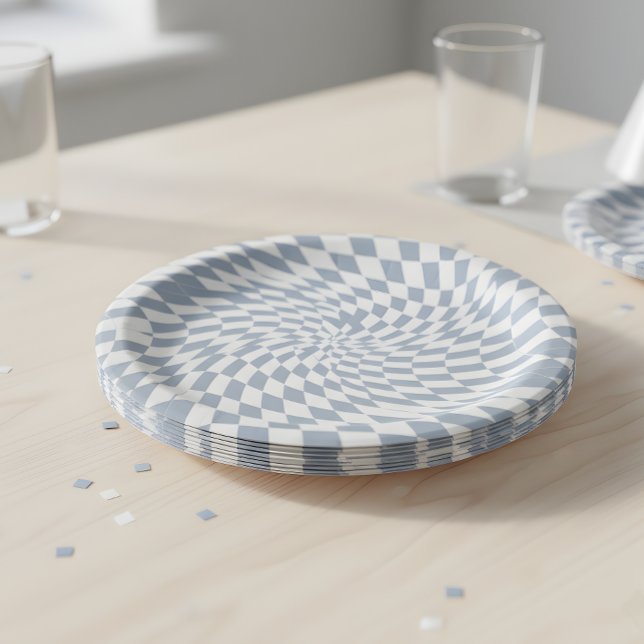 Plato De Papel Dusty Blue & Cream Warped Checkered Swirl Hypnotic (Subido por el creador)