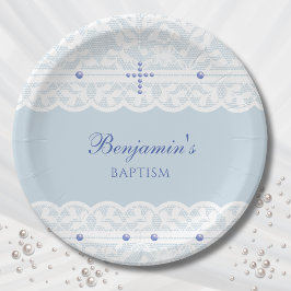 Plato De Papel Dusty Blue Cross Christening Christian Baptism