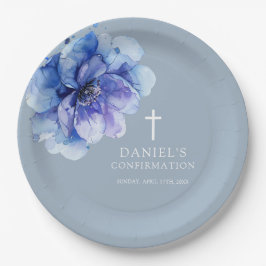 Plato De Papel Dusty Blue Elegant Watercolor Floral Confirmación