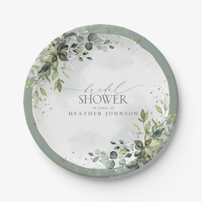 Plato De Papel Dusty Blue Eucalyptus Botanical Bridal Shower (Anverso)