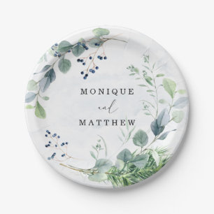 Plato De Papel Dusty Blue Eucalyptus Greenery Rústico Boda