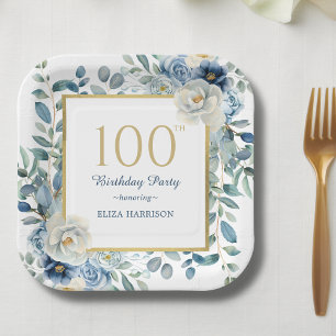 Plato De Papel Dusty Blue Floral 100 cumpleaños
