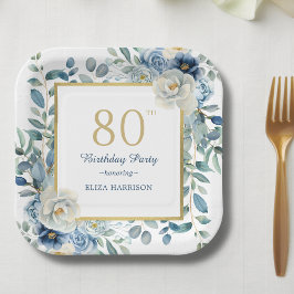 Plato De Papel Dusty Blue Floral 80 cumpleaños