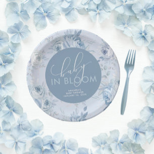 Plato De Papel Dusty Blue Floral Baby en flor Baby Shower