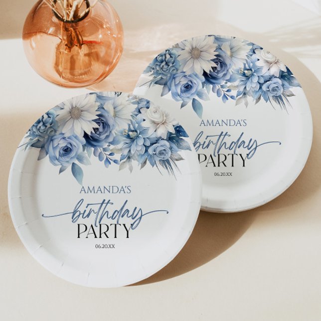 Plato De Papel Dusty Blue Floral Flowday Party (Subido por el creador)