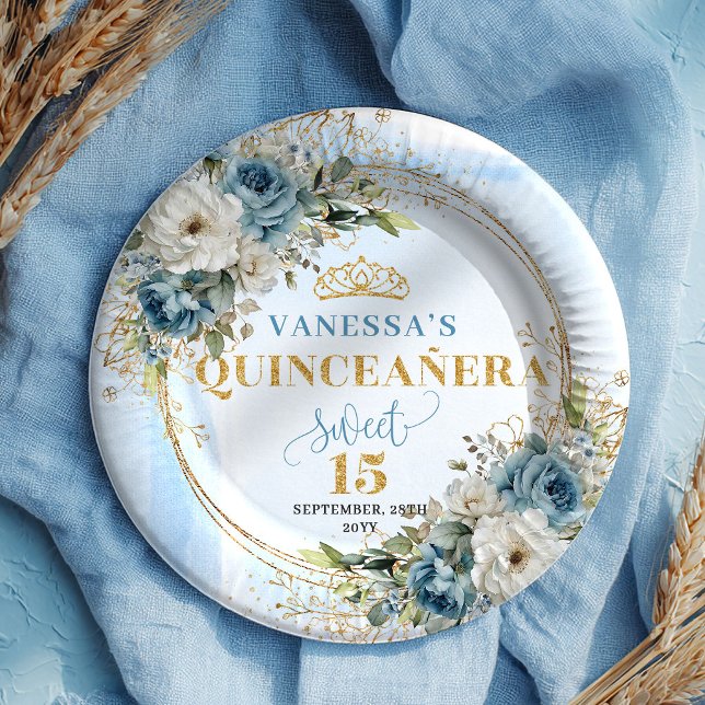 Plato De Papel Dusty Blue Floral Gold Glitter Custom Quince Plate (Dusty Blue Floral Gold Glitter Custom Quince Plates)