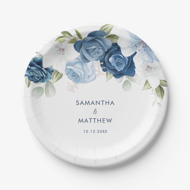 Plato De Papel Dusty Blue Floral Modern Wedding Custom (Anverso)
